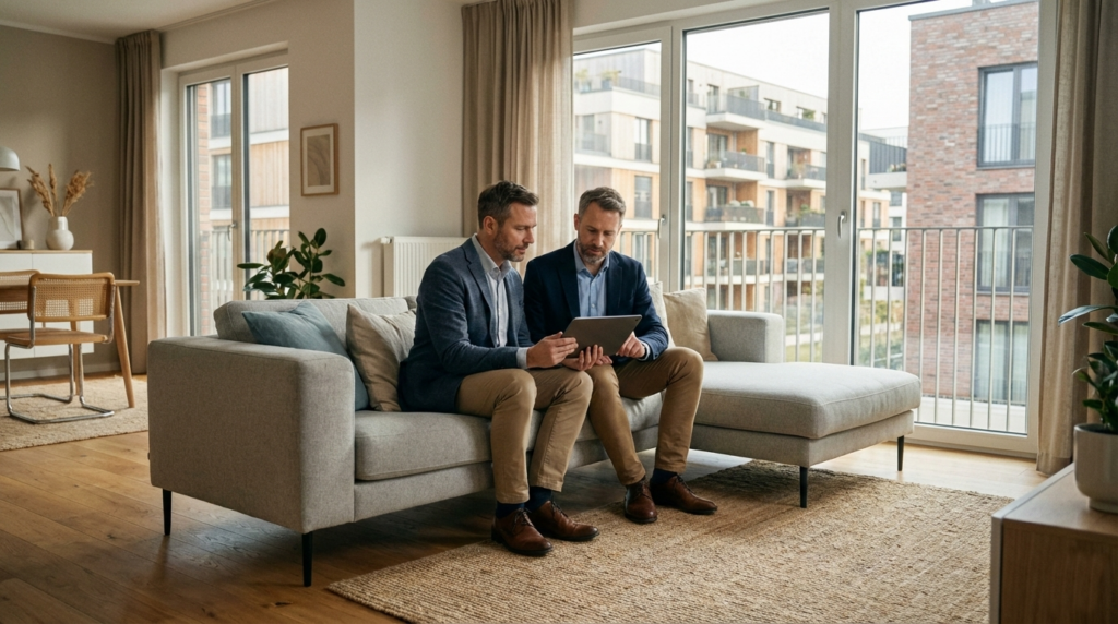 Ein Paar mittleren Alters sitzt konzentriert und zuversichtlich in einem hellen Raum mit Blick ins Grüne, wie es typisch für die Uckermark ist. Sie betrachten gemeinsam eine Immobiliensuche auf einem Tablet. Die Szene vermittelt Seriosität, Planung und die Sicherheit einer soliden Baufinanzierung.
